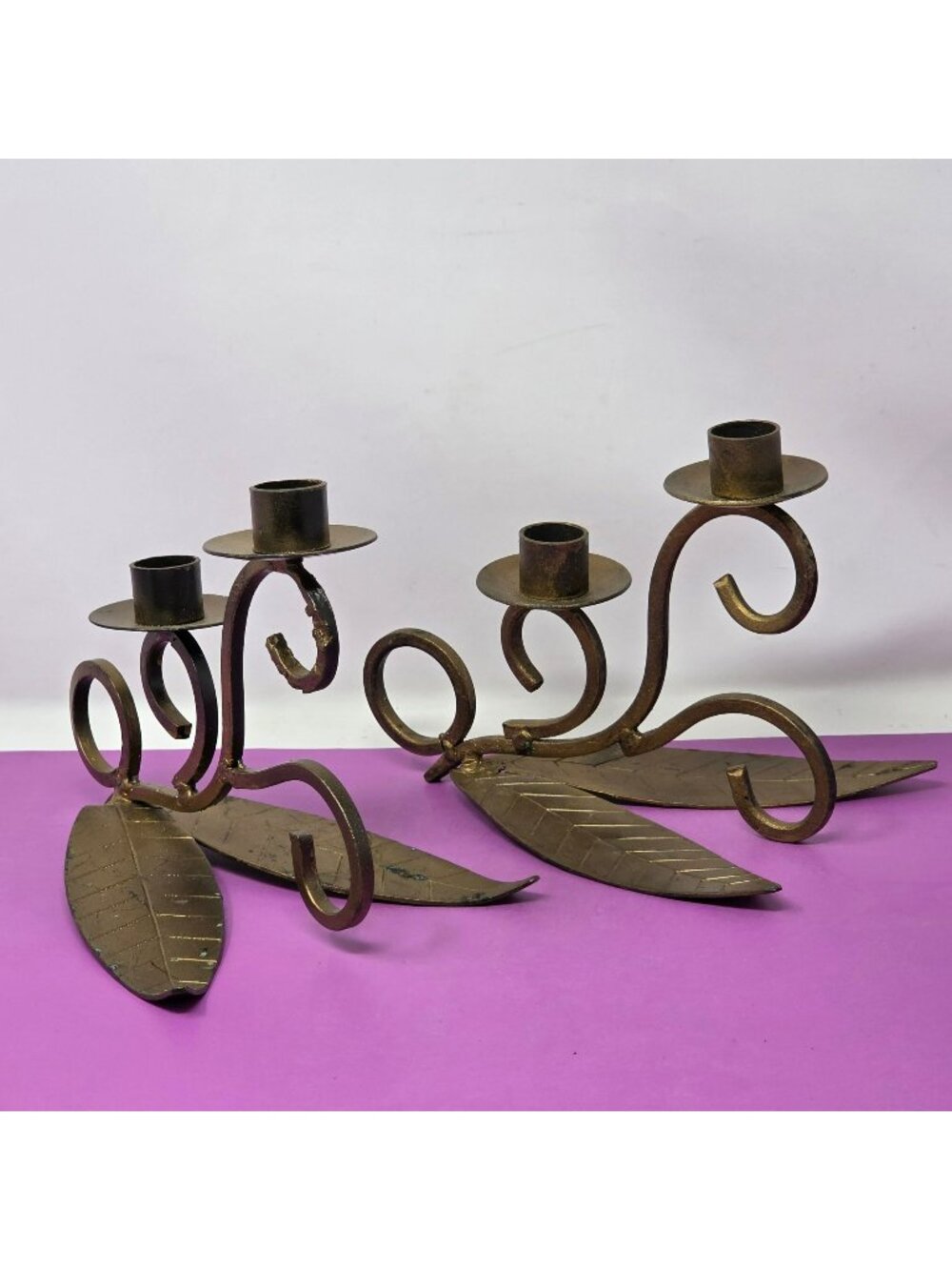 Vintage Brass Double Candle Holders Leaf Design With Swirl Accents Set Of 2